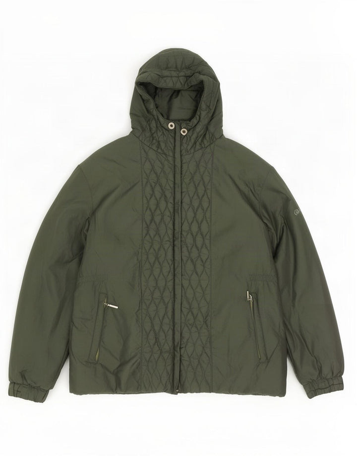 Jaqueta acolchoada com capuz feminina vintage UK 14 poliéster cáqui médio