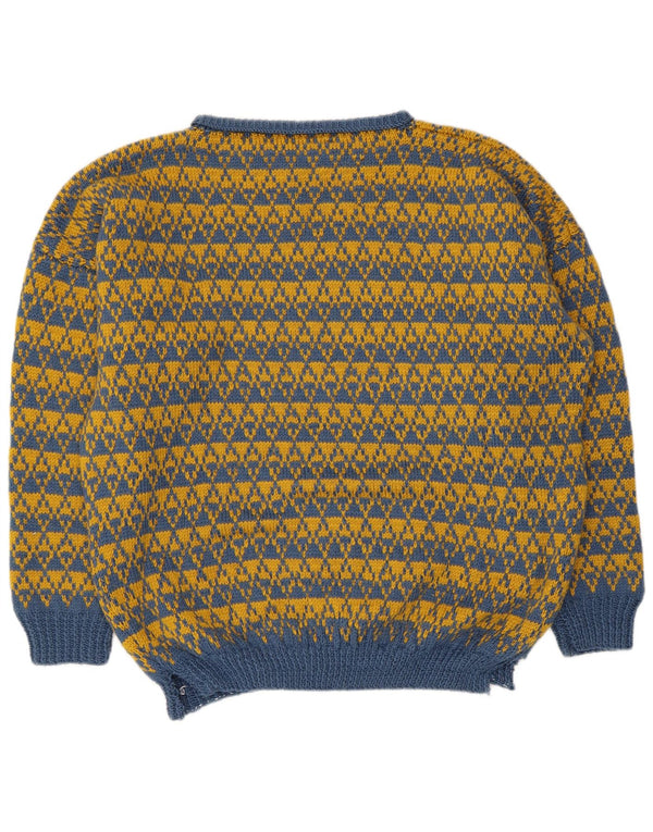Suéter vintage masculino com gola canoa grande azul geométrico