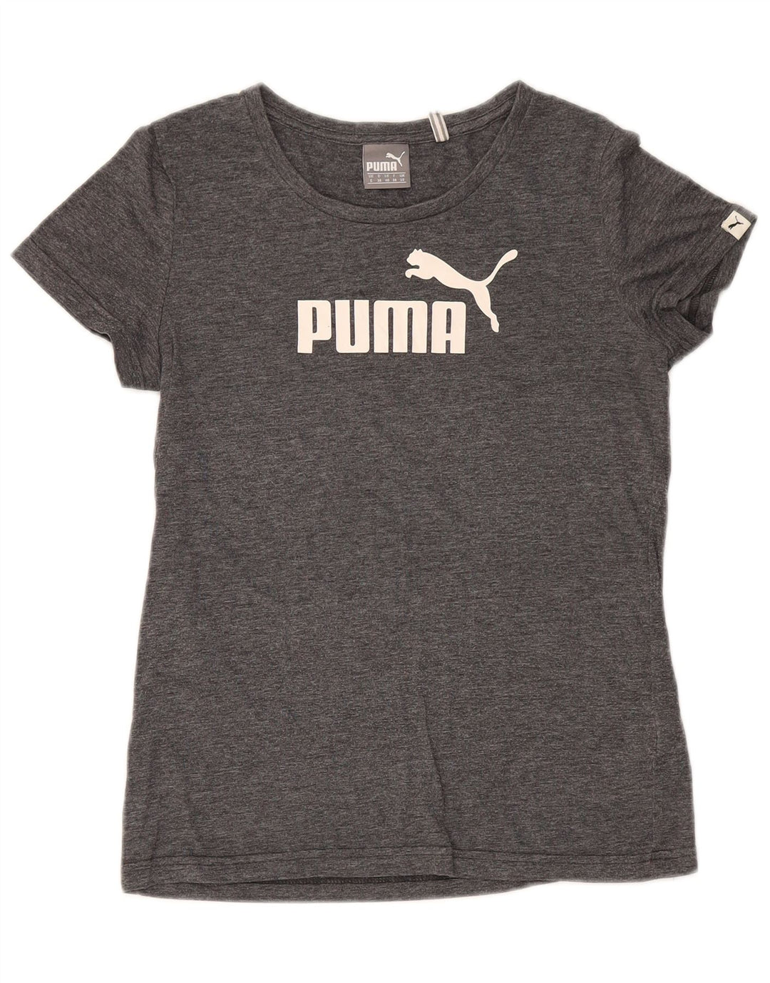 Camiseta feminina Puma Graphic UK 10 pequena cinza manchada de poliéster