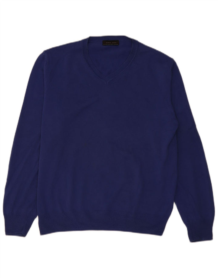 Zara Suéter masculino com decote em V grande azul