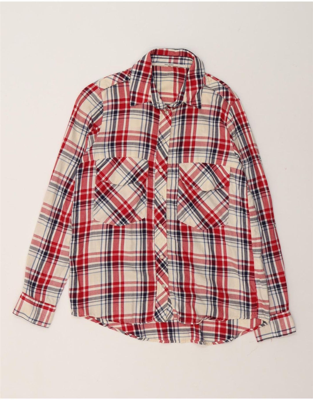 Camisa feminina de flanela Zara Reino Unido 14 algodão xadrez vermelho médio