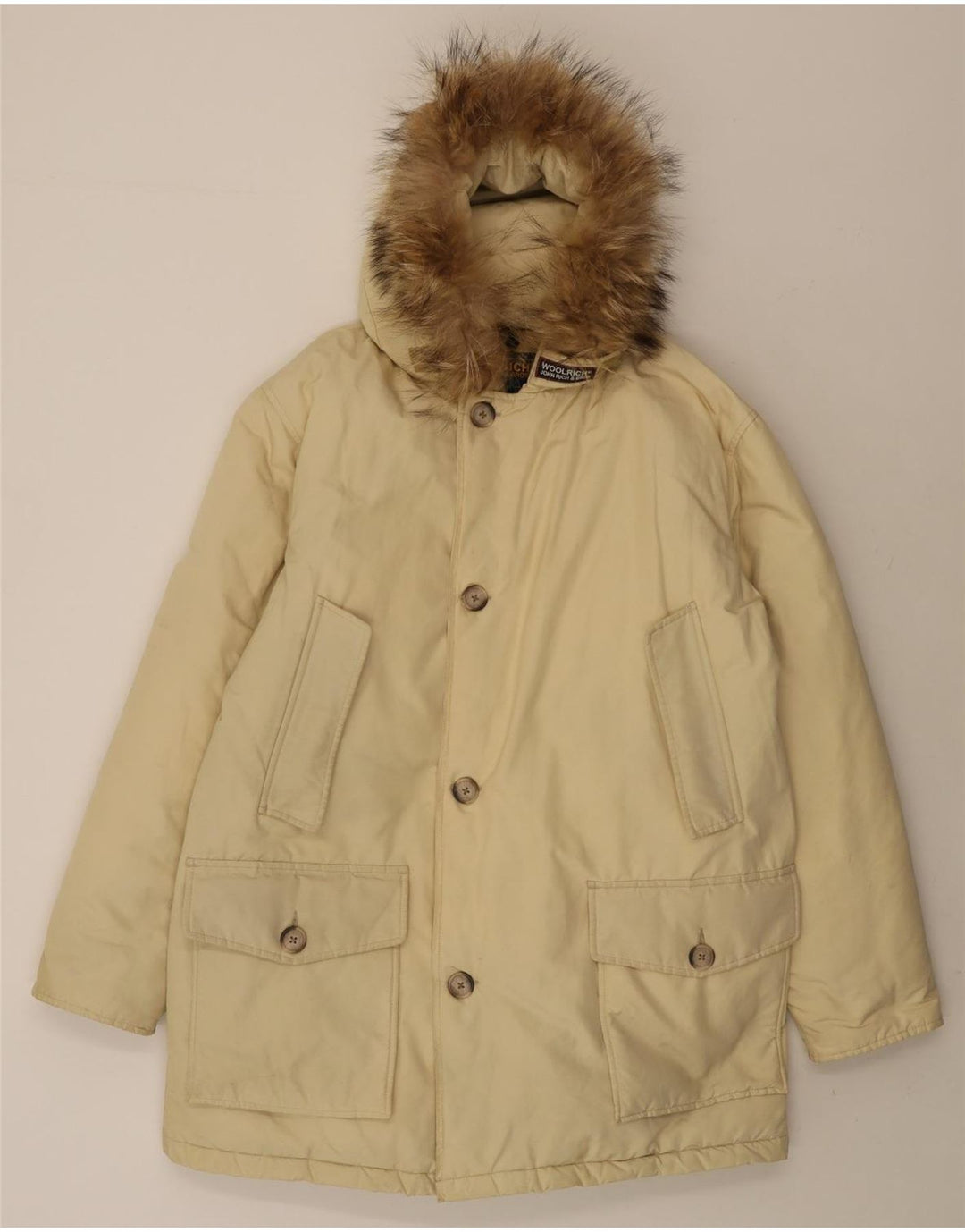 Jaqueta masculina Woolrich acolchoada com capuz e parka UK 38 médio bege