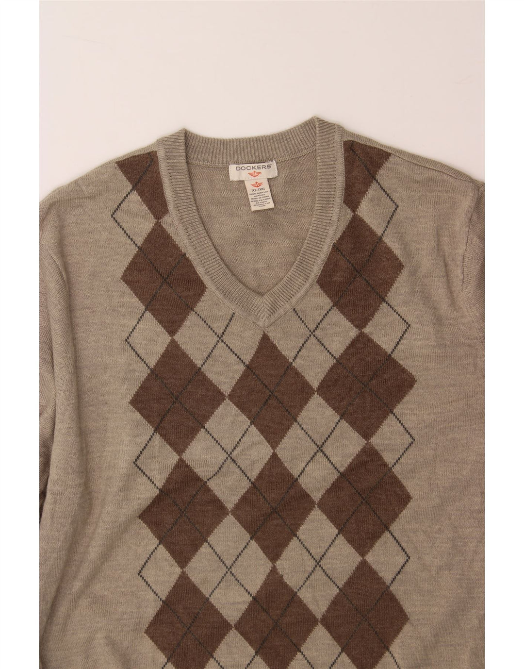 DOCKERS Mens V-Neck Jumper Sweater XL Grey Argyle/Diamond Acrylic Vintage Dockers and Second-Hand Dockers from Messina Hembry 