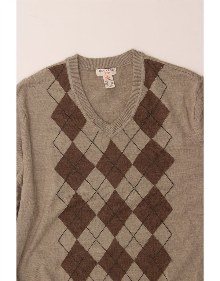 DOCKERS Mens V-Neck Jumper Sweater XL Grey Argyle/Diamond Acrylic Vintage Dockers and Second-Hand Dockers from Messina Hembry 