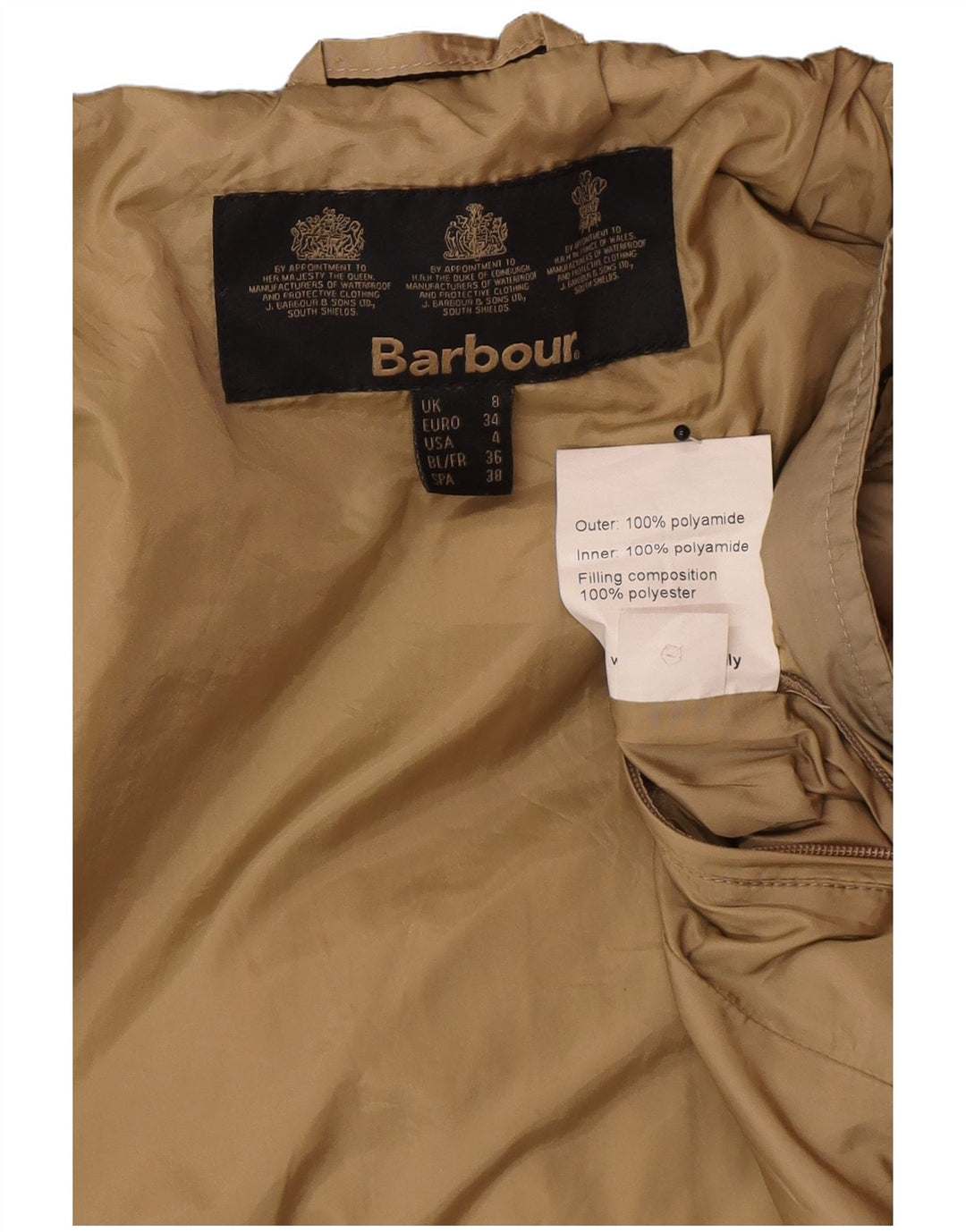 Jaqueta acolchoada feminina Barbour UK 8 pequena poliamida bege