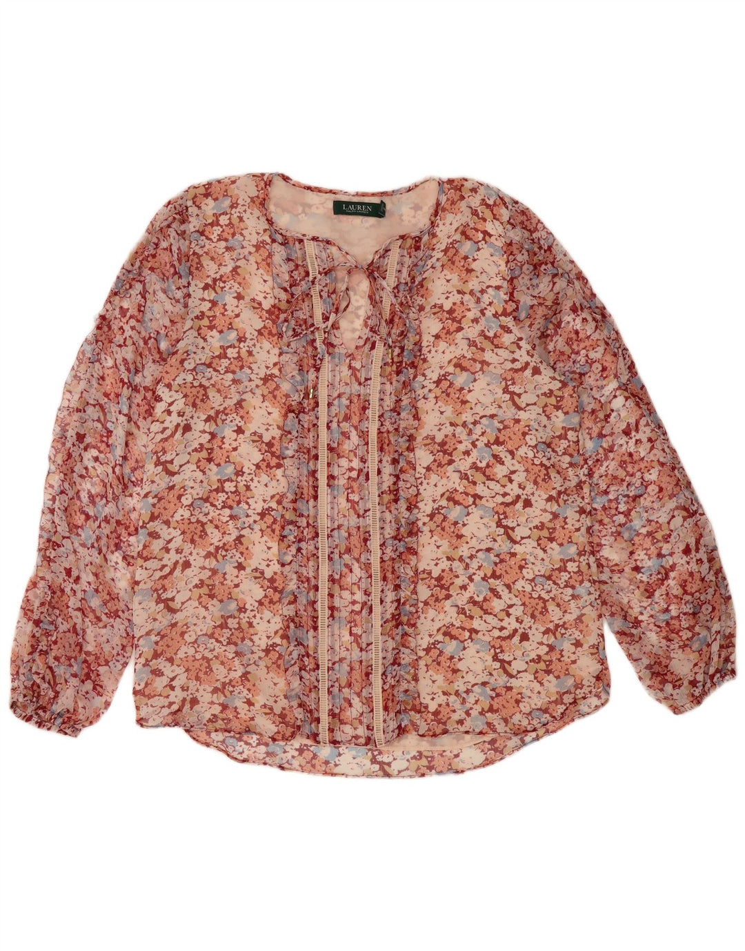 Blusa feminina Ralph Lauren transparente Reino Unido 16 grande poliéster floral vermelho