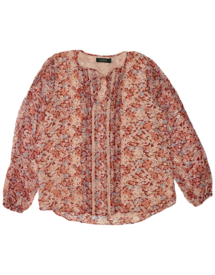 Blusa feminina Ralph Lauren transparente Reino Unido 16 grande poliéster floral vermelho