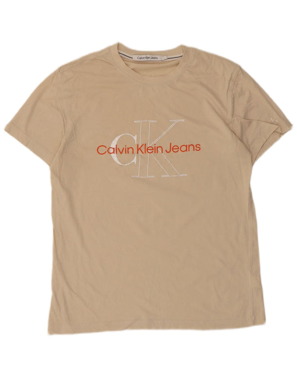 Camiseta masculina Calvin Klein Jeans com estampa gráfica grande de algodão bege