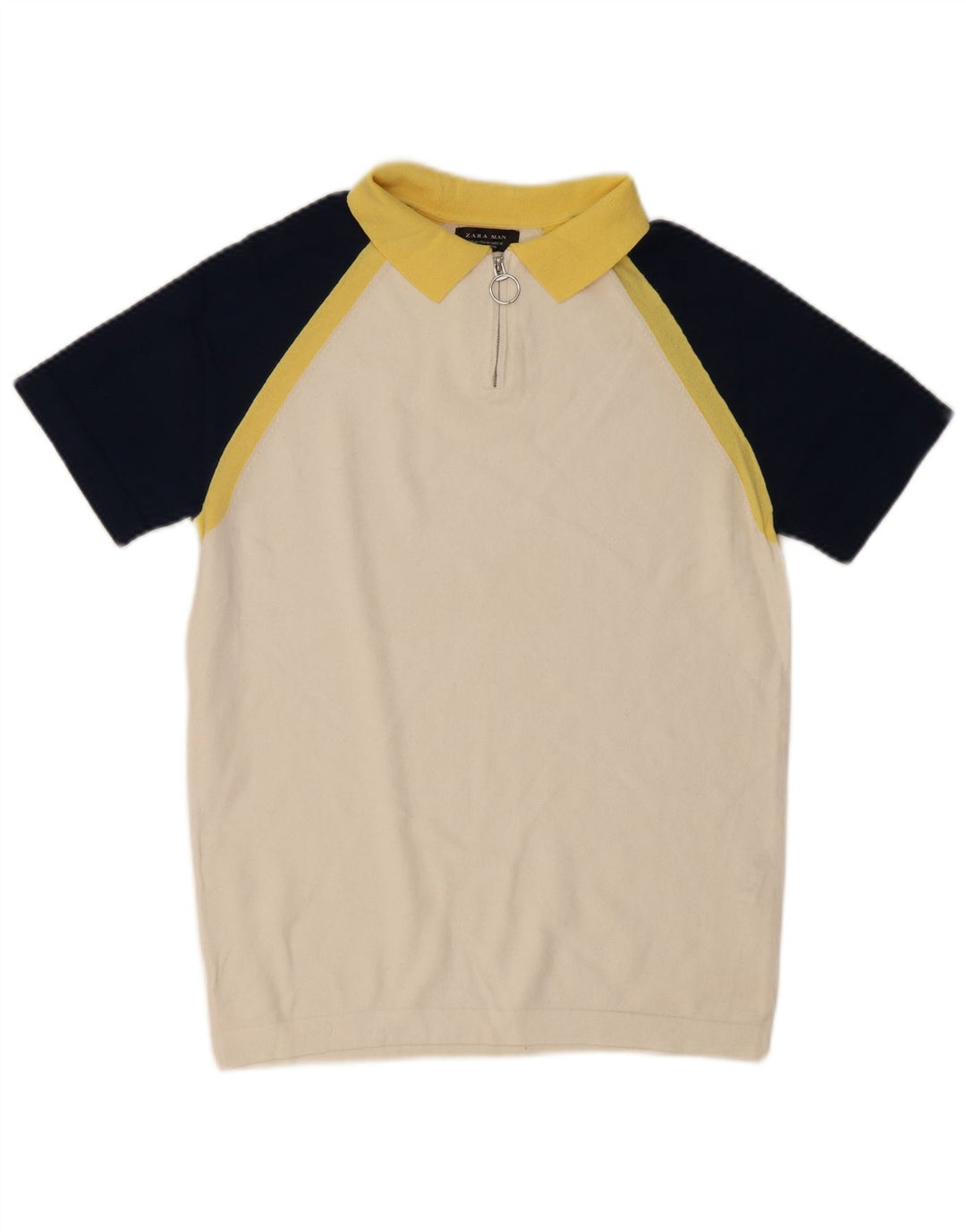 Suéter masculino ZARA com gola polo e bloco colorido médio off white