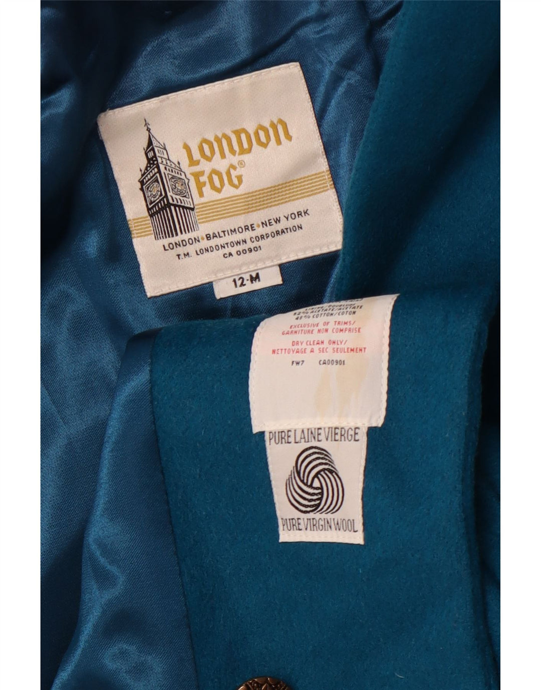 LONDON FOG Casaco feminino duplo breasted US 12 grande lã azul