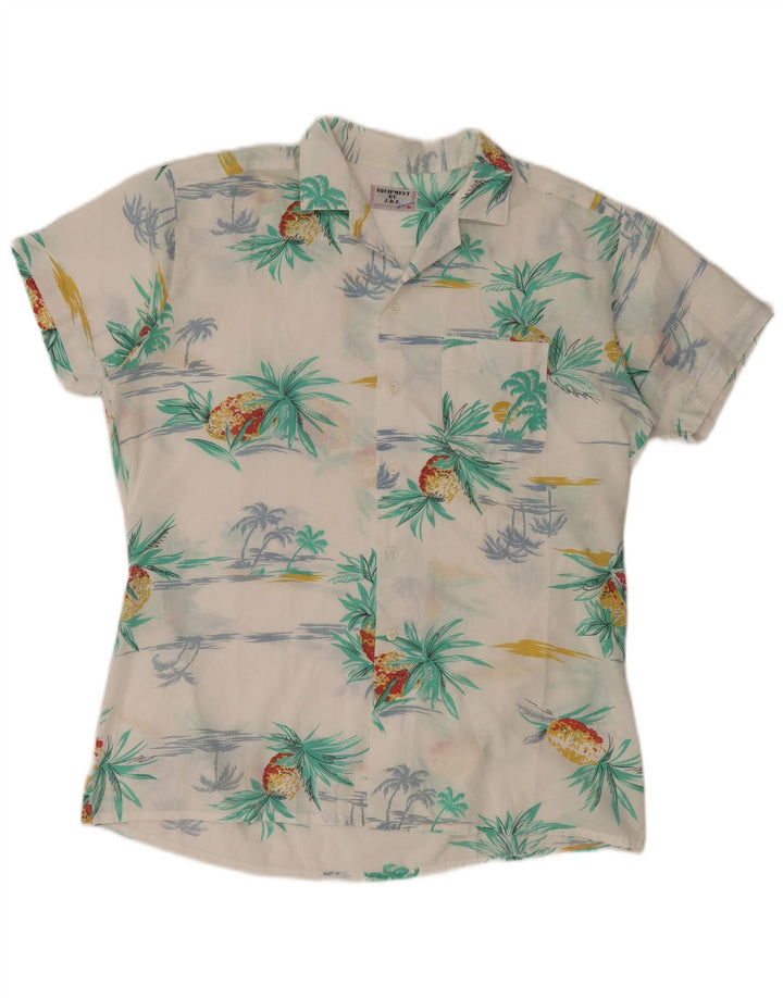 Camisa masculina vintage de manga curta, poliéster branco médio havaiano