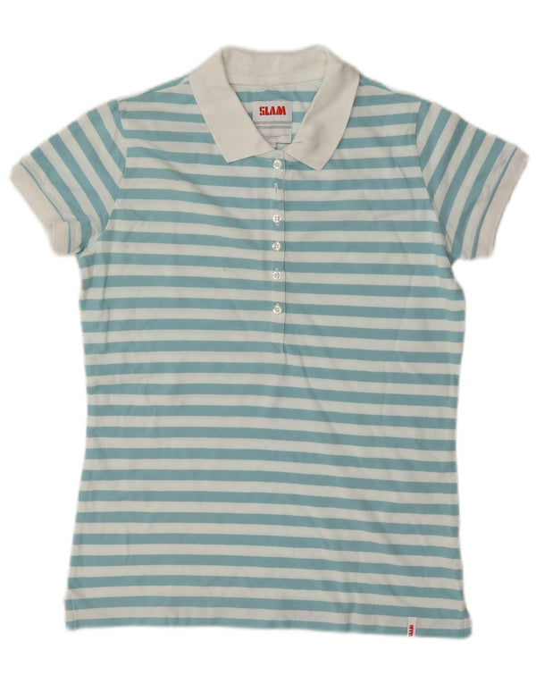 Camisa polo feminina Slam UK 14 algodão listrado azul médio