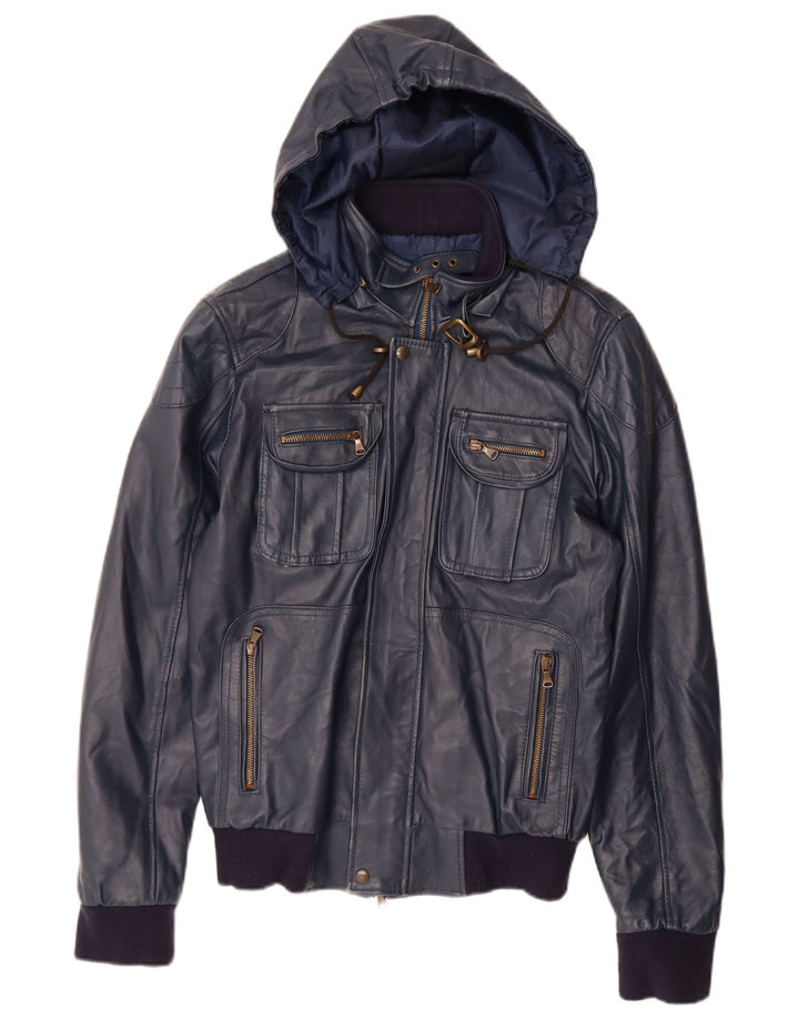 Jaqueta feminina de couro com capuz VINTAGE Reino Unido 14 grande couro azul marinho