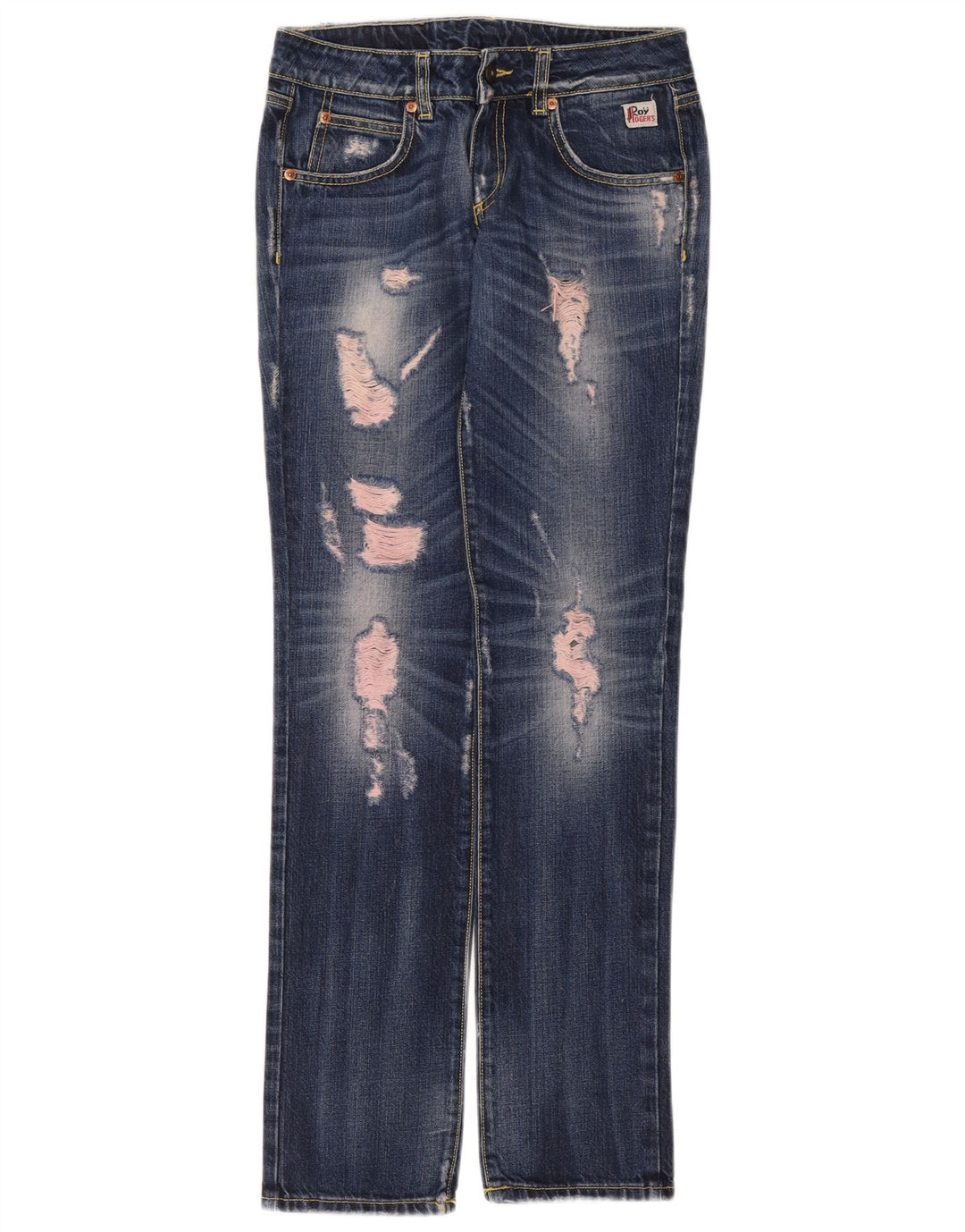 Calça jeans reta feminina Roy Rogers desgastada W26 L32 algodão azul