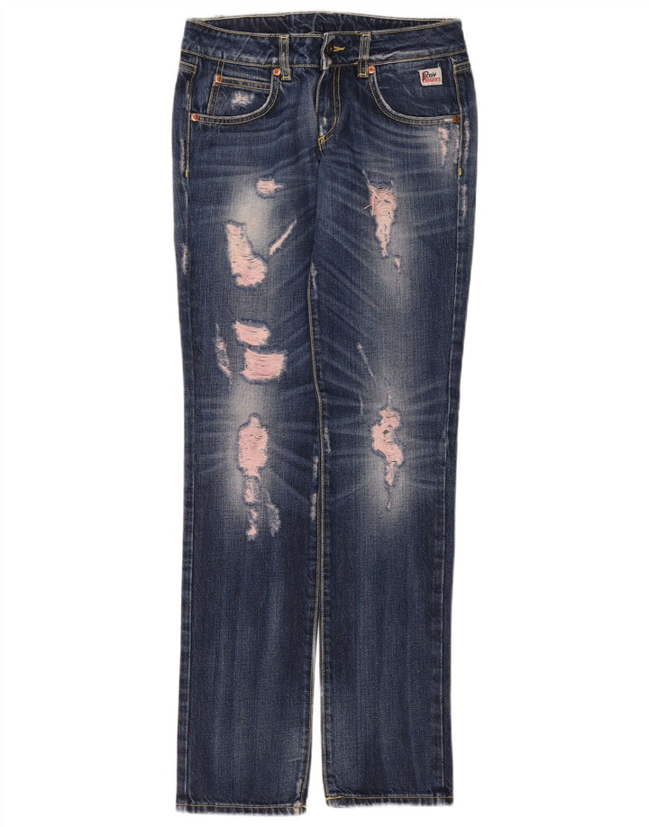 Calça jeans reta feminina Roy Rogers desgastada W26 L32 algodão azul