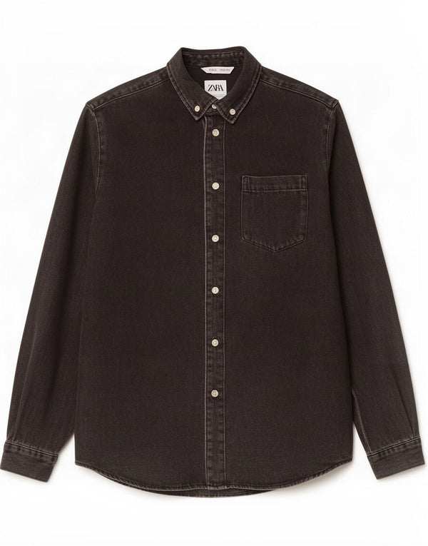 Zara Camisa jeans masculina pequena de algodão preto