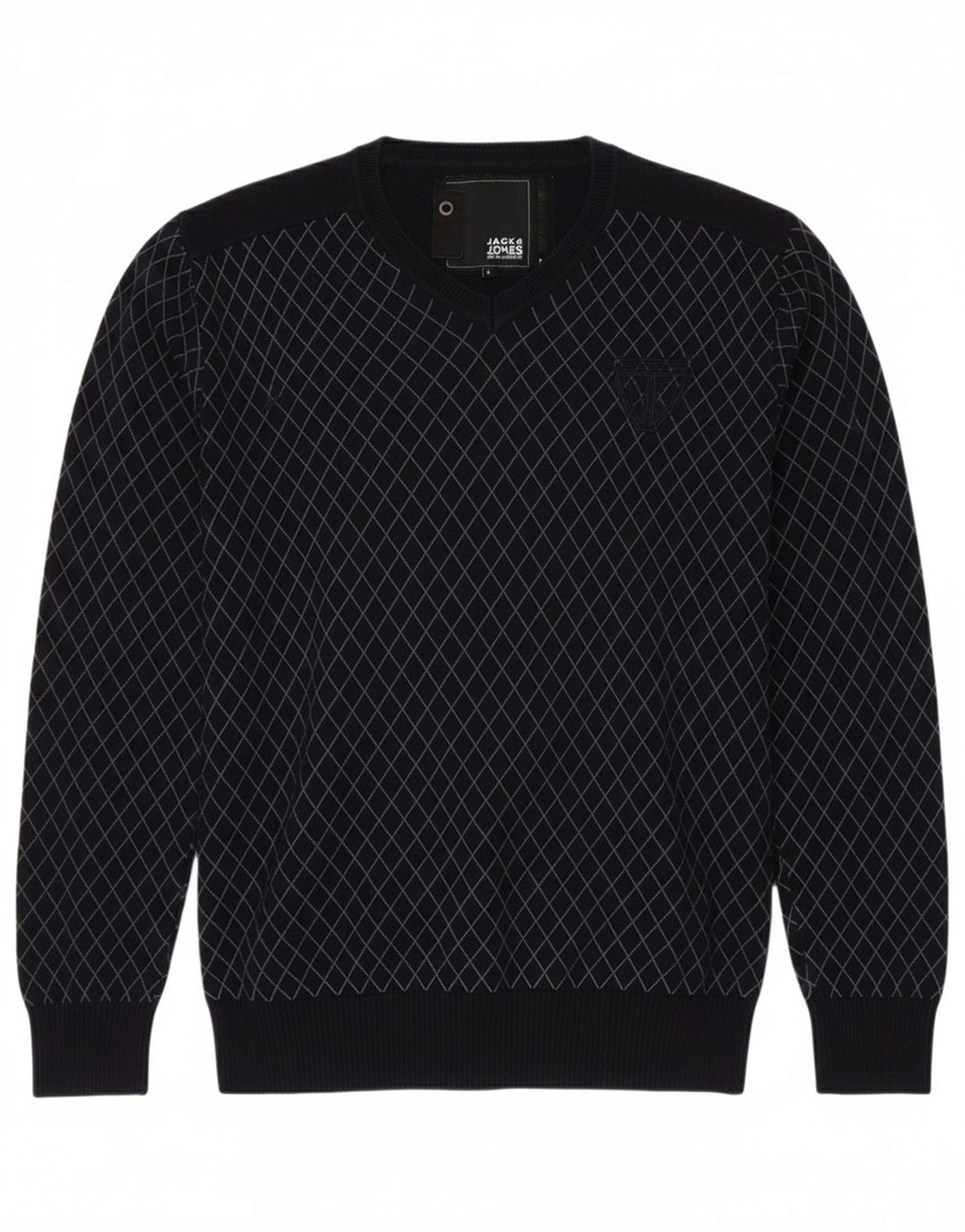 Suéter masculino JACK & JONES com decote em V grande algodão xadrez azul marinho
