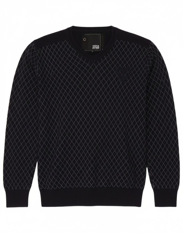 Suéter masculino JACK & JONES com decote em V grande algodão xadrez azul marinho