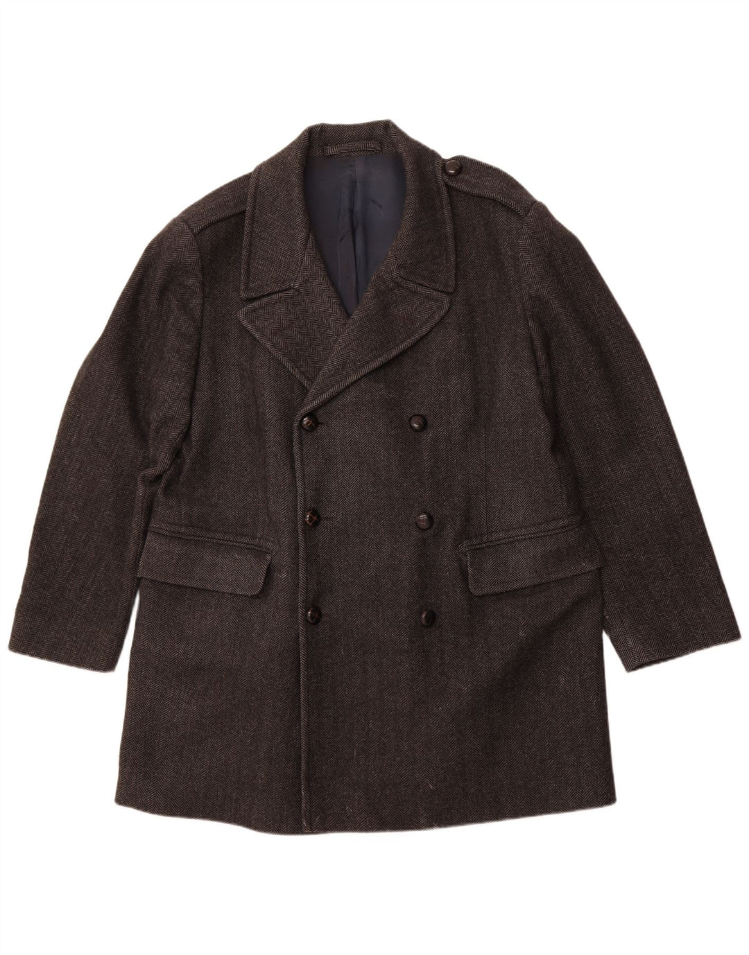 Casaco masculino JAEGER Pea Coat UK 42 XL lã espinha de peixe cinza