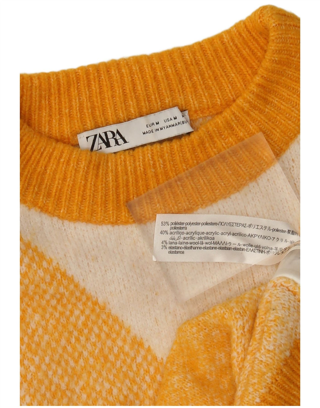 Suéter feminino Zara com gola redonda UK 14 Médio Amarelo Argyle/Diamante