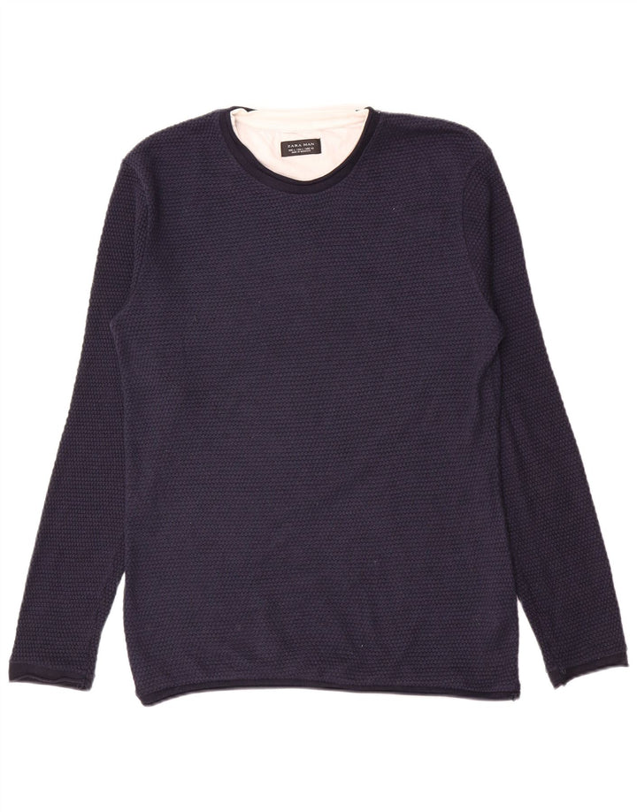 Zara Suéter masculino com gola redonda grande poliéster azul marinho