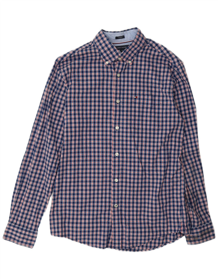 Camisa masculina Tommy Hilfiger média xadrez azul marinho algodão