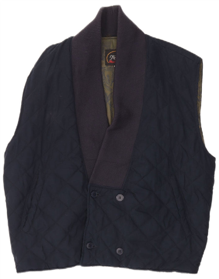 Gilet acolchoado de peito duplo masculino vintage UK 40 grande poliéster azul marinho