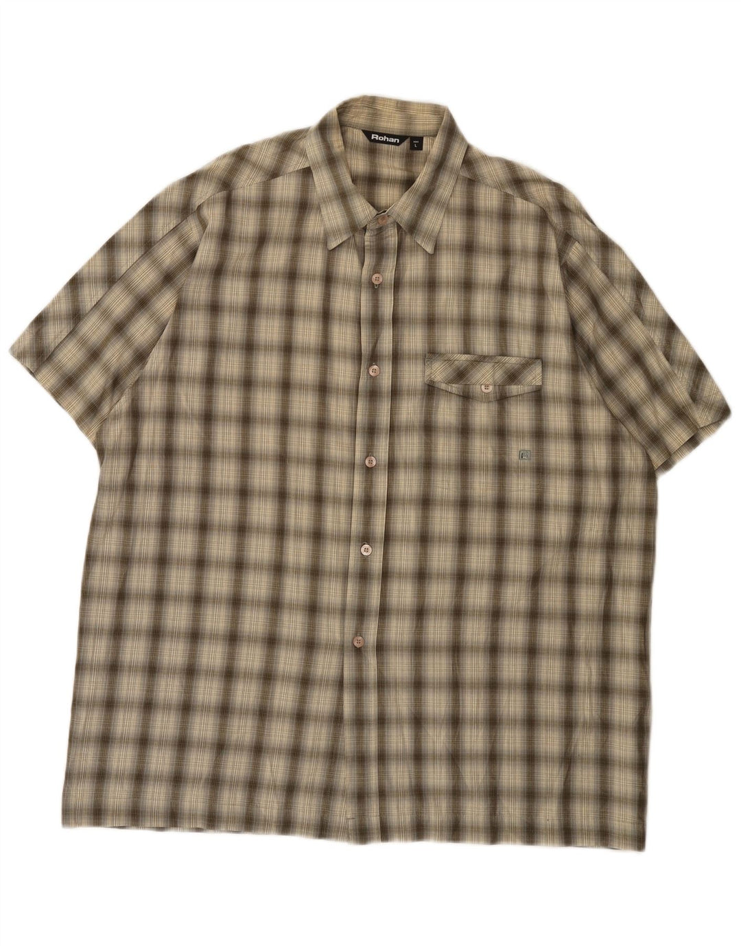 Rohan Camisa masculina de manga curta grande algodão xadrez cáqui