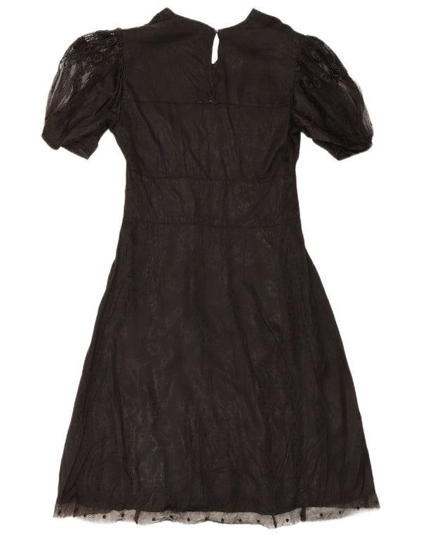 Vestido maxi feminino vintage UK 12 médio preto floral