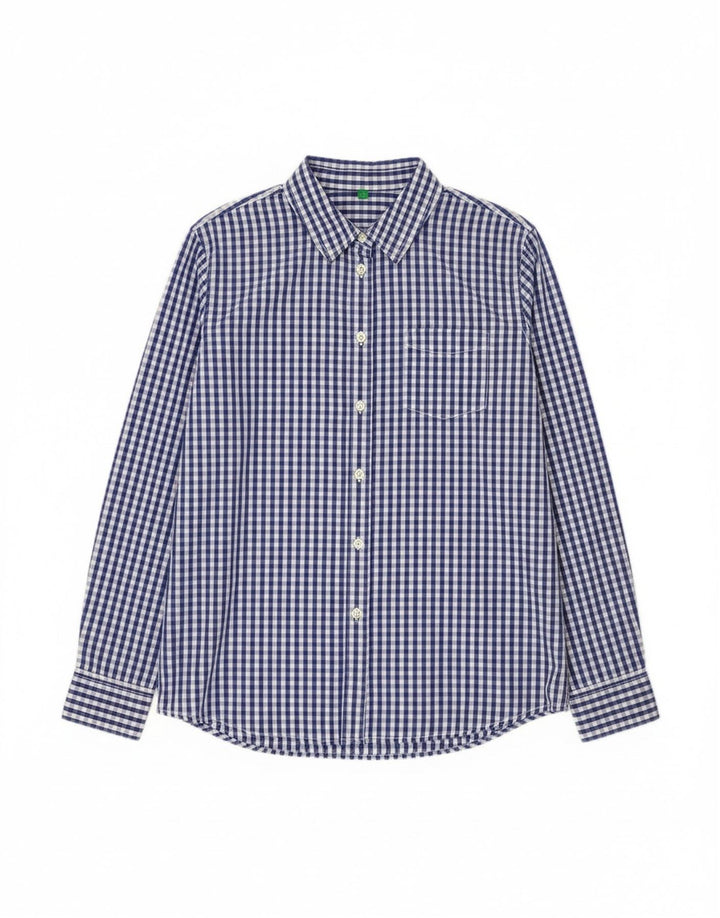 Camisa feminina Benetton UK 16 grande algodão guingão azul