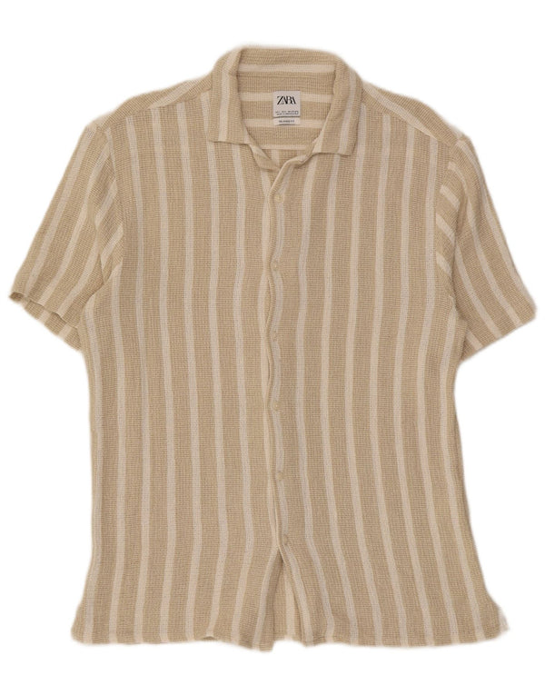 Zara Camisa masculina de manga curta e ajuste relaxado grande bege listrado