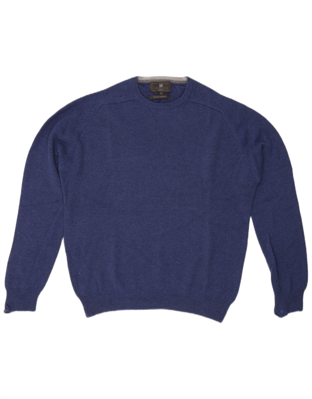 Suéter masculino Marks & Spencer de ajuste regular com gola redonda de lã azul médio