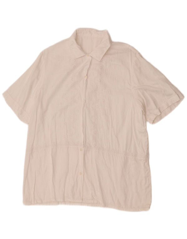 Camisa feminina vintage de manga curta UK 16 grande floral branca