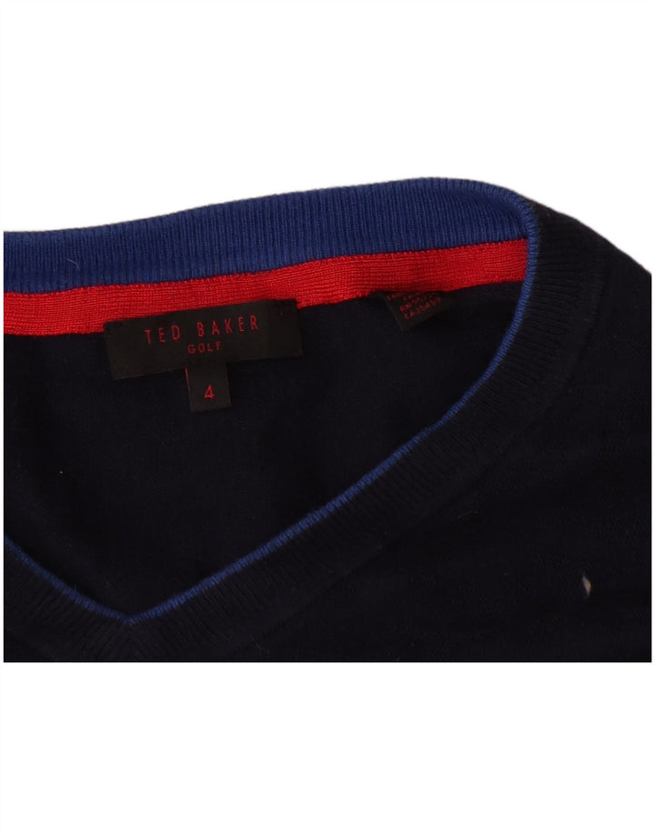 Suéter masculino Ted Baker com decote em V tamanho 4 grande azul marinho