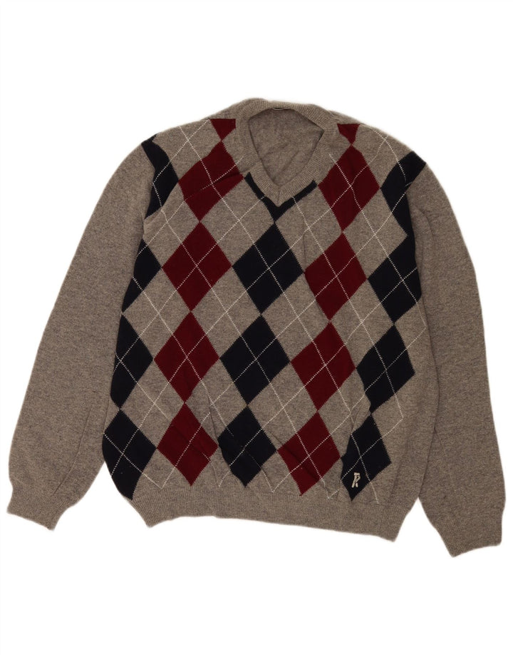 Suéter masculino Rifle com decote em V grande cinza Argyle/lã diamante