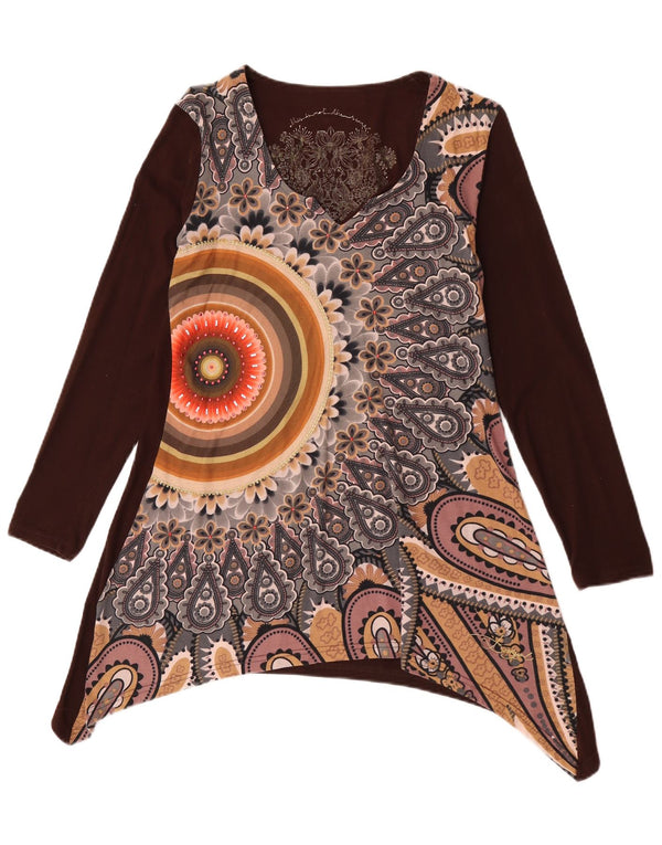 Túnica feminina assimétrica de manga comprida Desigual Reino Unido 14 grande marrom floral