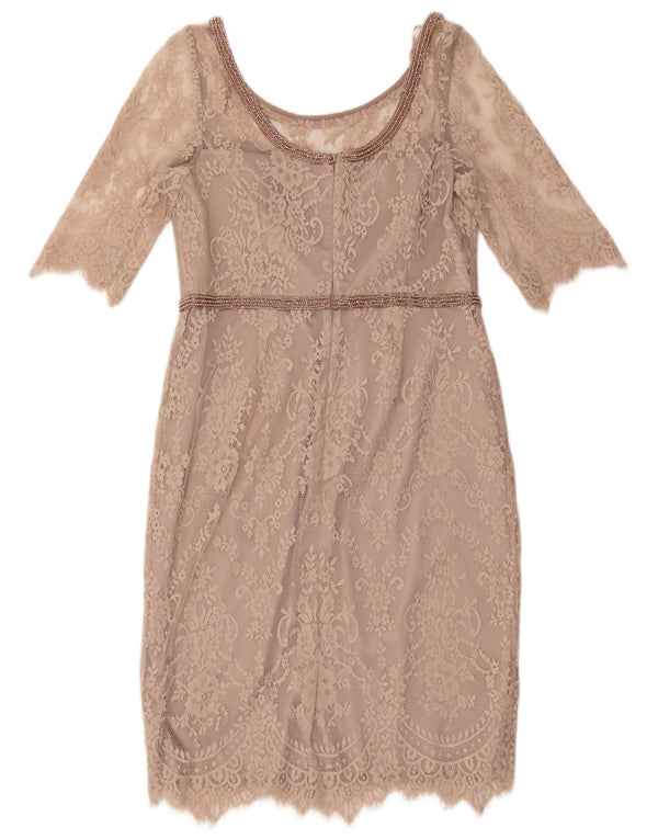 Vestido feminino Monsoon manga 3/4 com bainha de renda Reino Unido 16 grande bege floral nylon