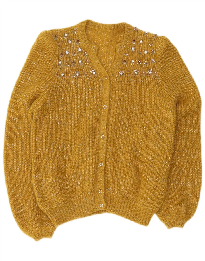 Suéter cardigã feminino vintage Reino Unido 12 médio amarelo manchado