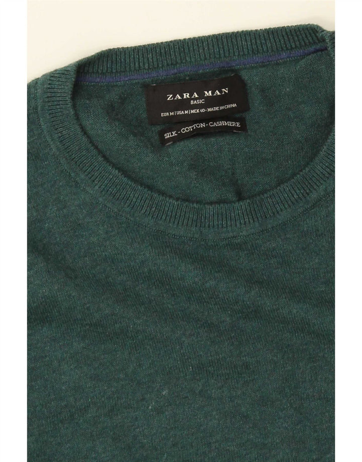 Zara Suéter masculino com gola redonda e seda verde médio
