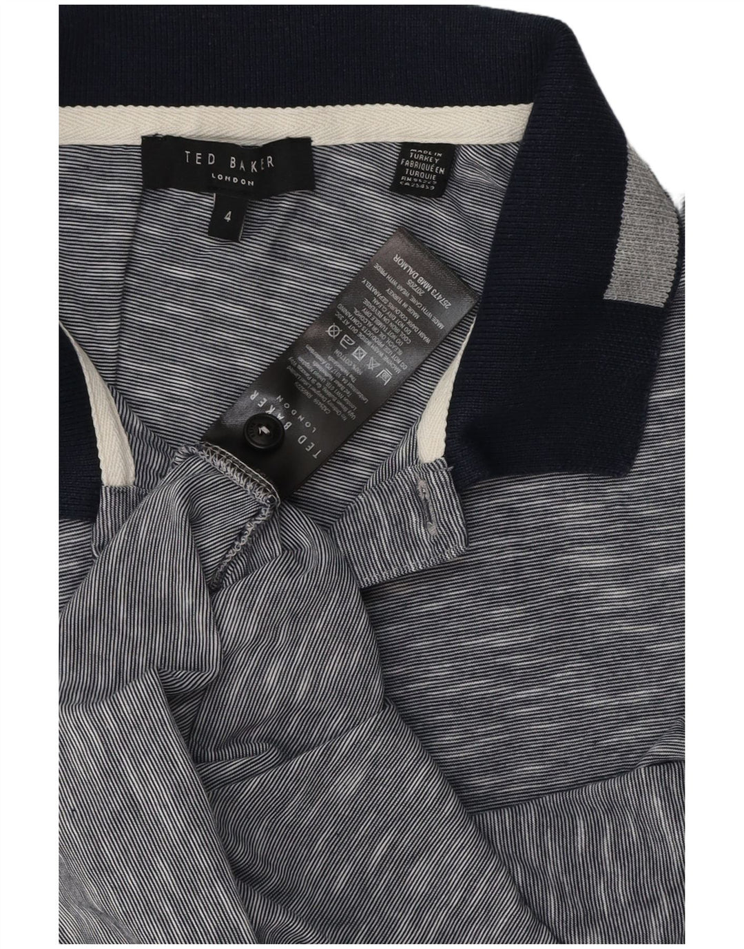 Camisa polo masculina Ted Baker tamanho 4 grande algodão manchado azul marinho