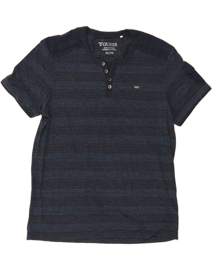 GUESS Mens T-Shirt Top XL Blue Striped Cotton Vintage Guess and Second-Hand Guess from Messina Hembry 