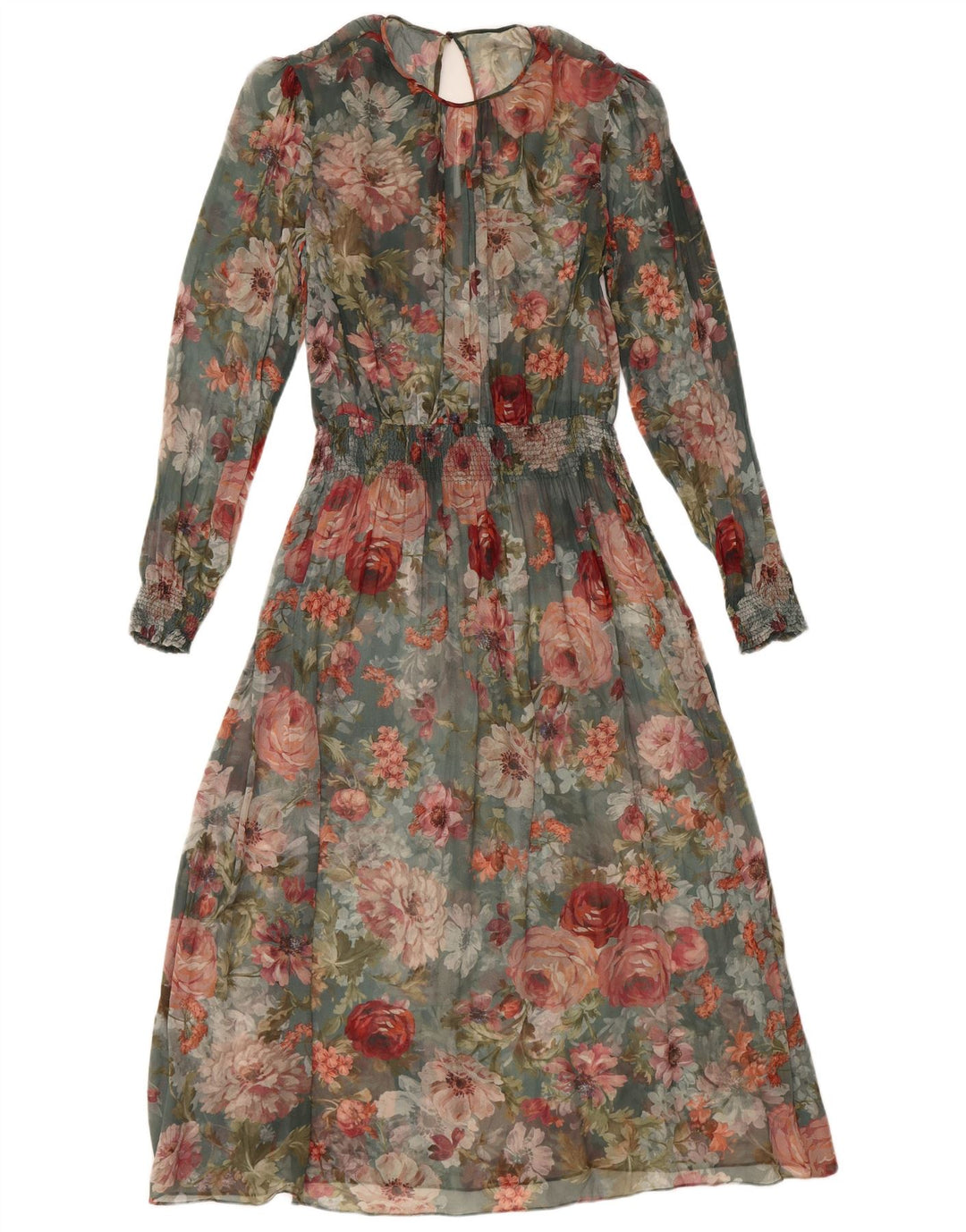 Vestido maxi feminino VINTAGE de manga comprida UK 12 médio floral multicolorido