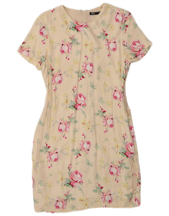 Vestido bainha feminino Zara Reino Unido 10 pequeno poliéster floral branco