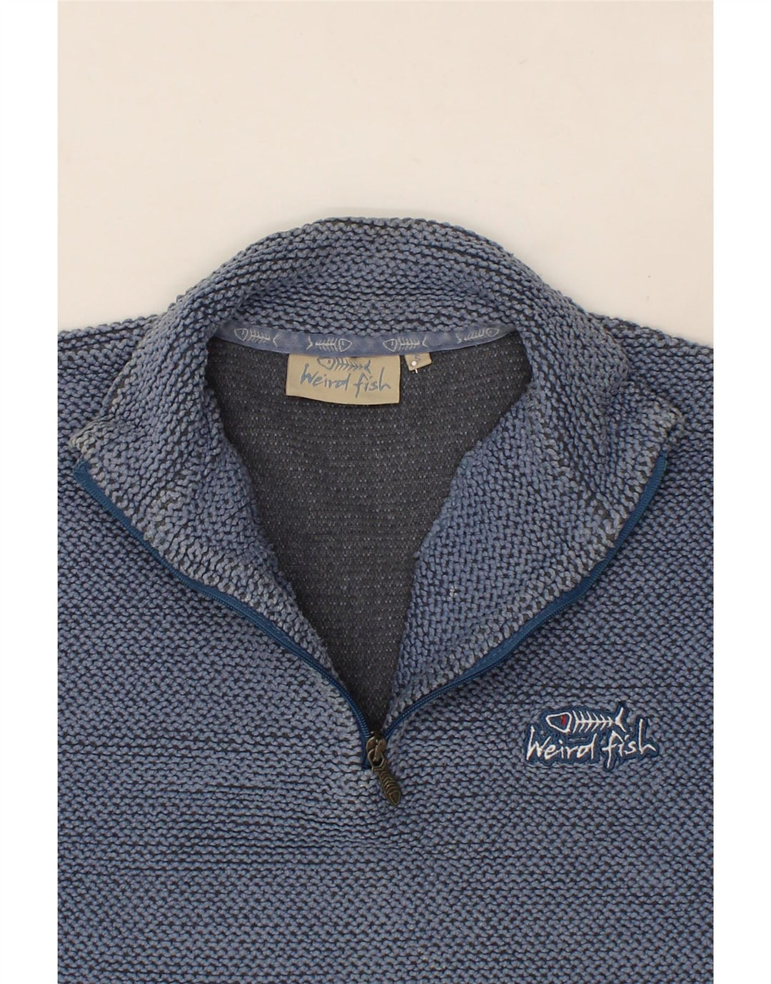 WEIRD FISH Mens Zip Neck Sweatshirt Jumper Small Blue Cotton Vintage Weird Fish and Second-Hand Weird Fish from Messina Hembry 