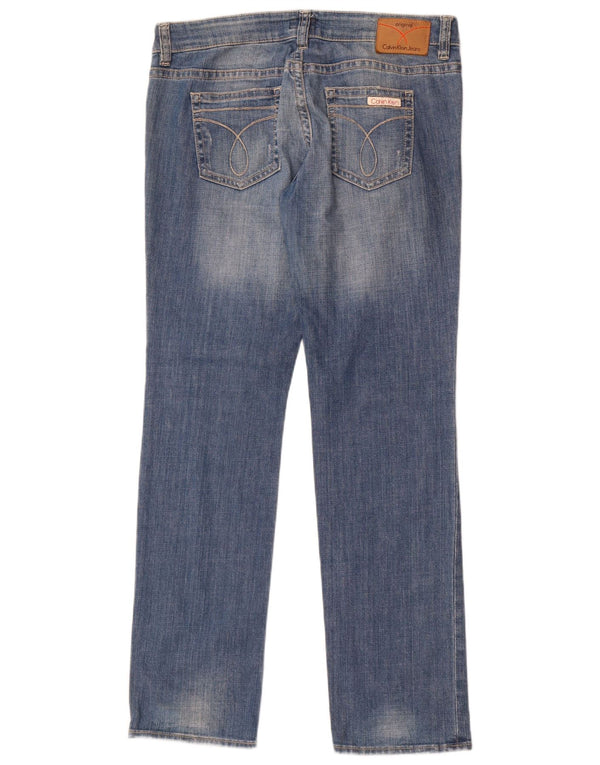 Calça jeans reta feminina Calvin Klein desgastada W33 L32 algodão azul