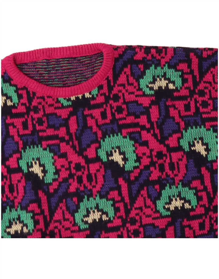 Suéter feminino VINTAGE com estampa abstrata e gola redonda Reino Unido 16 grande rosa
