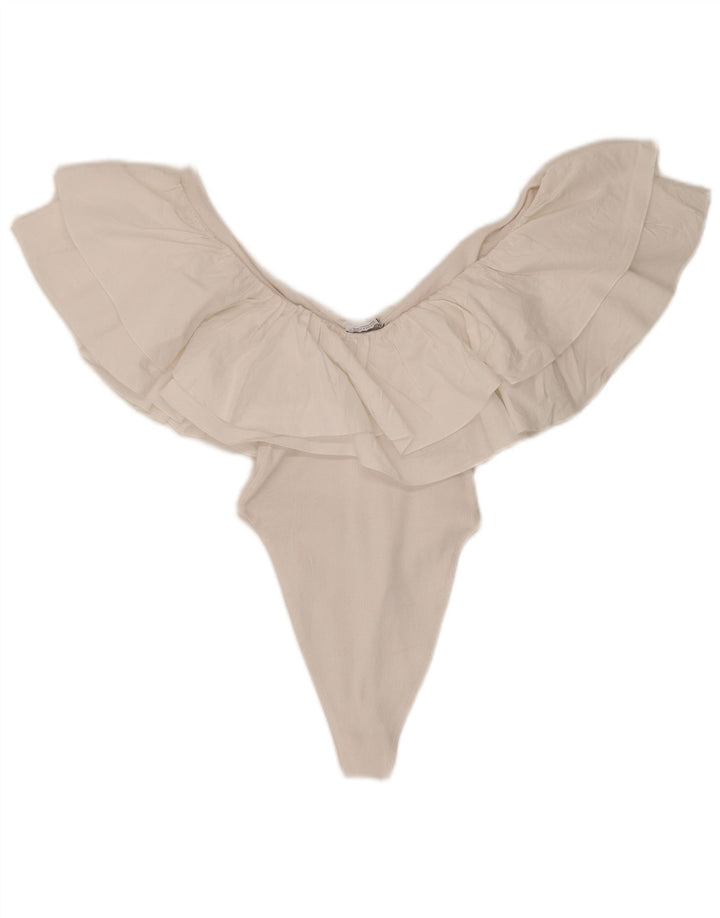 Macacão feminino Zara com babados UK 8 pequeno algodão branco