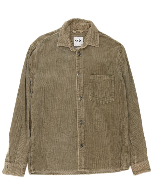 Zara Camisa masculina de veludo cotelê com ajuste relaxado pequeno algodão cáqui