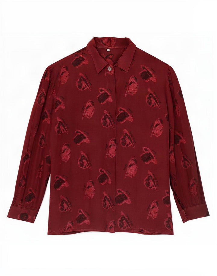Blusa feminina vintage com estampa abstrata Reino Unido 14 viscose média Borgonha