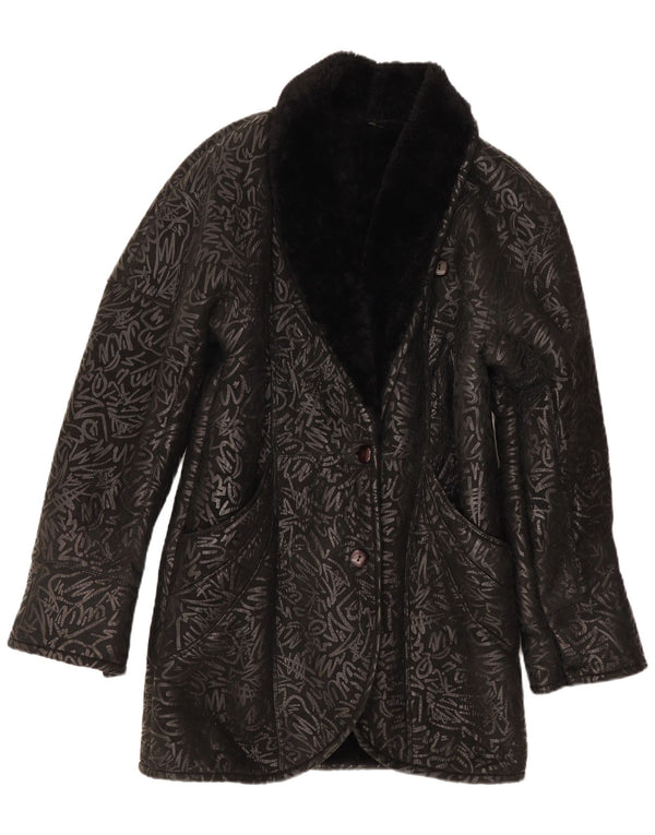 Casaco feminino vintage com padrão abstrato shearling UK 14 médio preto